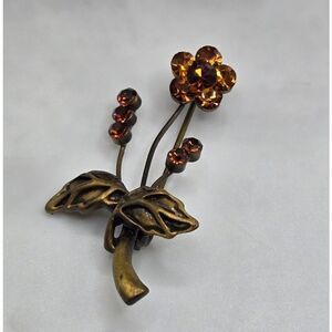 $5/$25" Art Nouveau Brass Amber Rhinestone Floral Brooch Pin